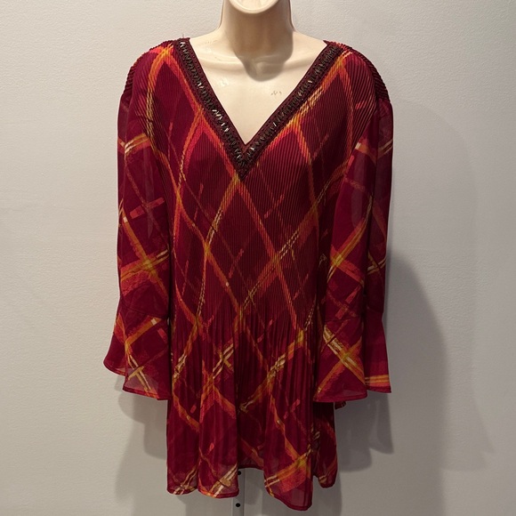 Catherines Red and Yellow Accordion Plaid Blouse Beaded Top Ruffle Belt - Picture 1 of 10